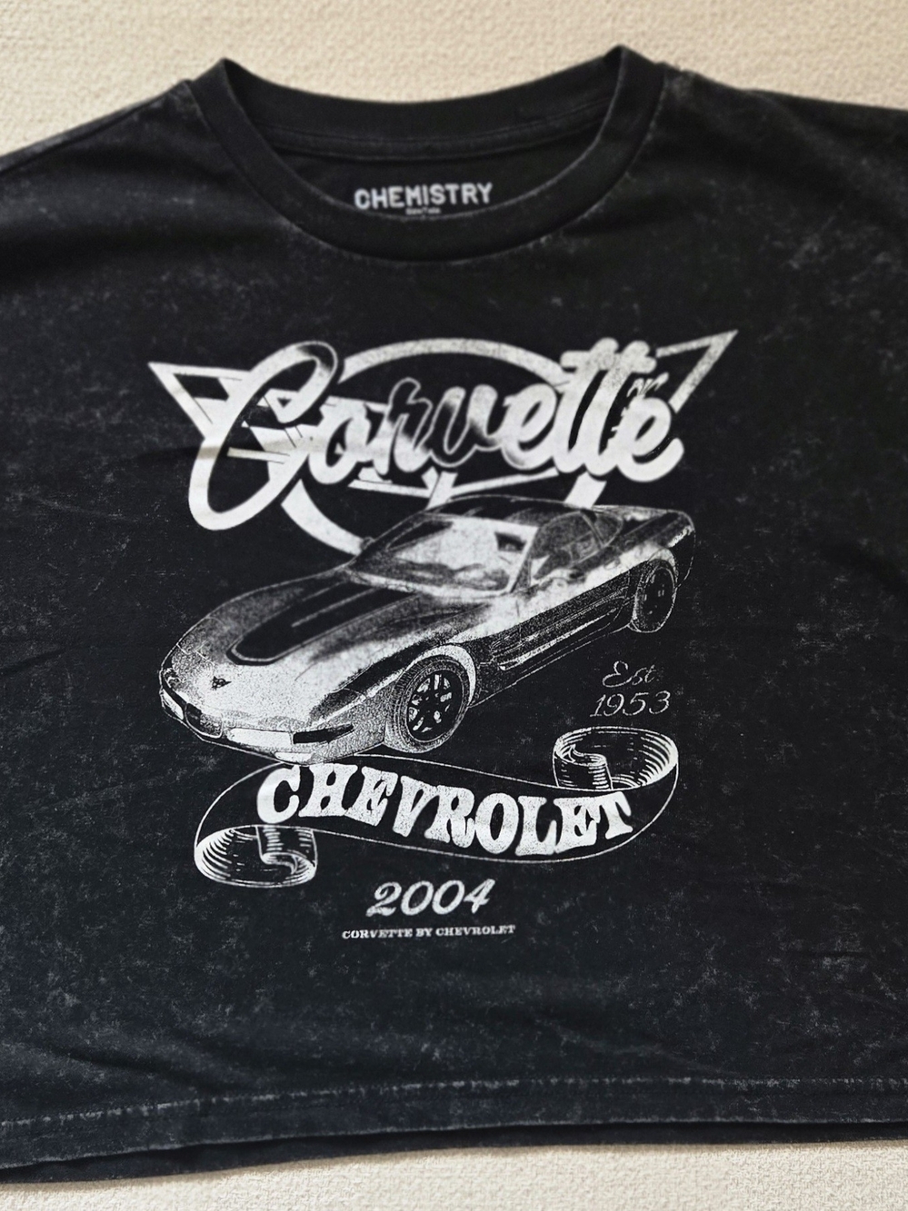 Chemistry Chevrolet Corvette Cropped Graphic Tee Acid Wash Black Size Large